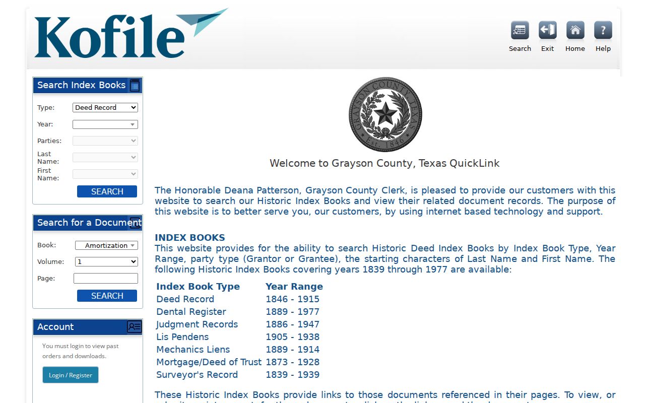 Historic Grayson County deed index controls for a Sherman address title search