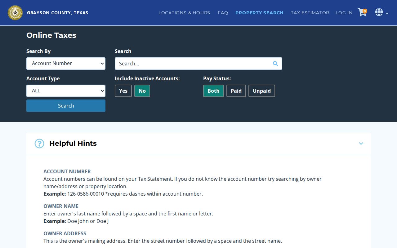 Sherman ZIP code directory view of the Grayson County tax search