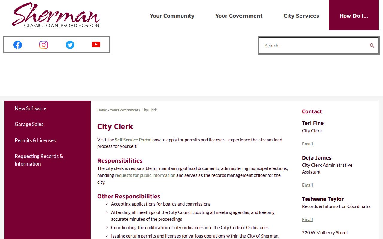 Sherman residents directory city clerk records and permits resource
