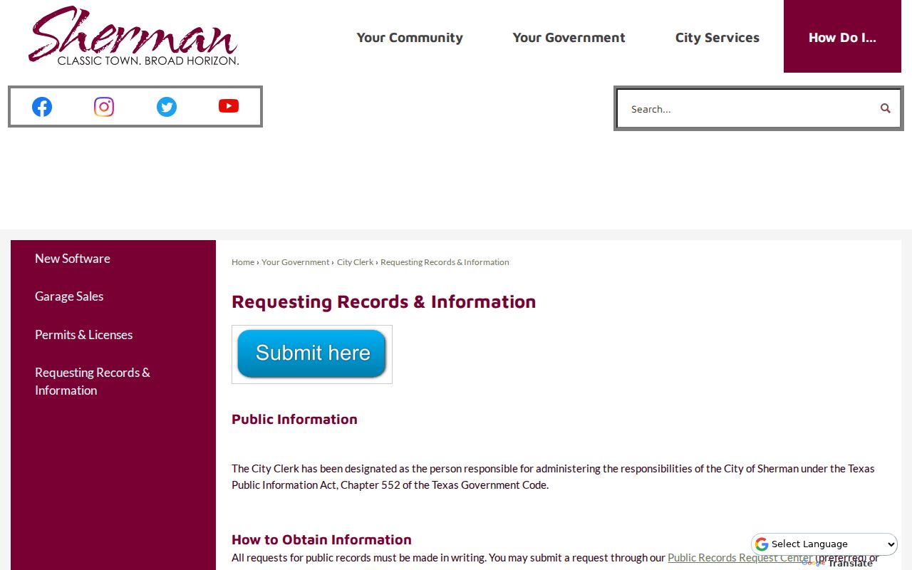 Sherman residents directory city public records request information