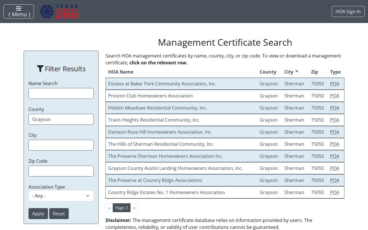 Sherman neighbors reference to the Texas HOA management certificate search
