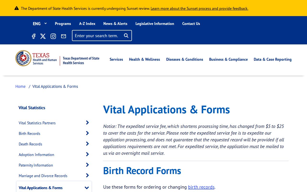 Sherman resident lookup Texas vital records application forms